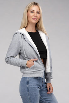  Fuzzy Trim Zip-Up Crop Hoodie