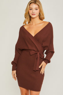  Off Shoulder Wrap Belted Ribbed Knit Dress