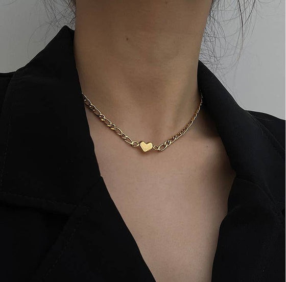 18K Gold Heart Choker Chain Necklace