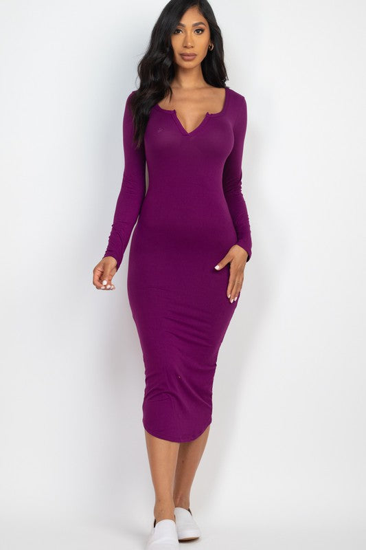 Split Neck Long Sleeve Midi Dress