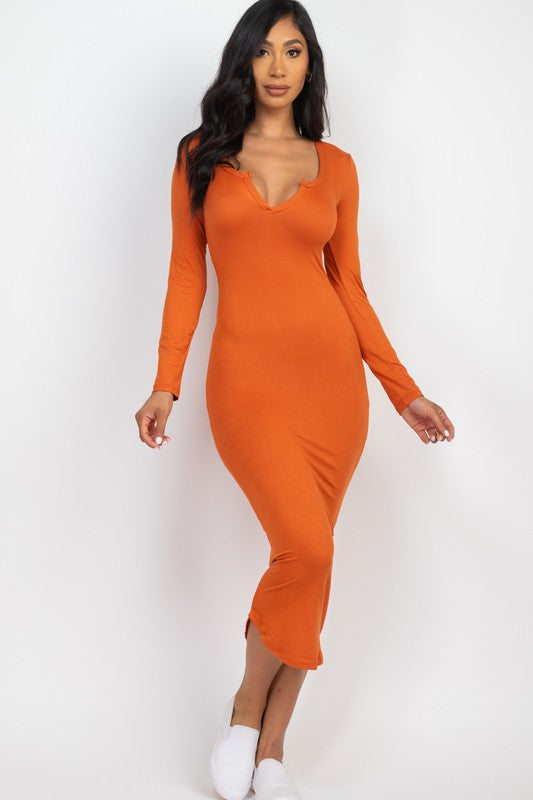 Split Neck Long Sleeve Midi Dress