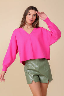  Solid Drop Shoulder V-Neck Top