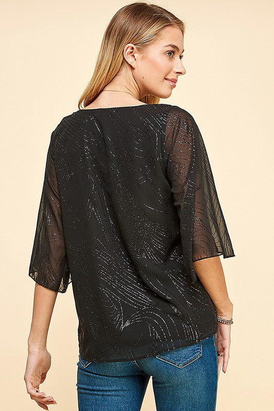 Glitter Printed Woven Blouse with Tulip Sleeves