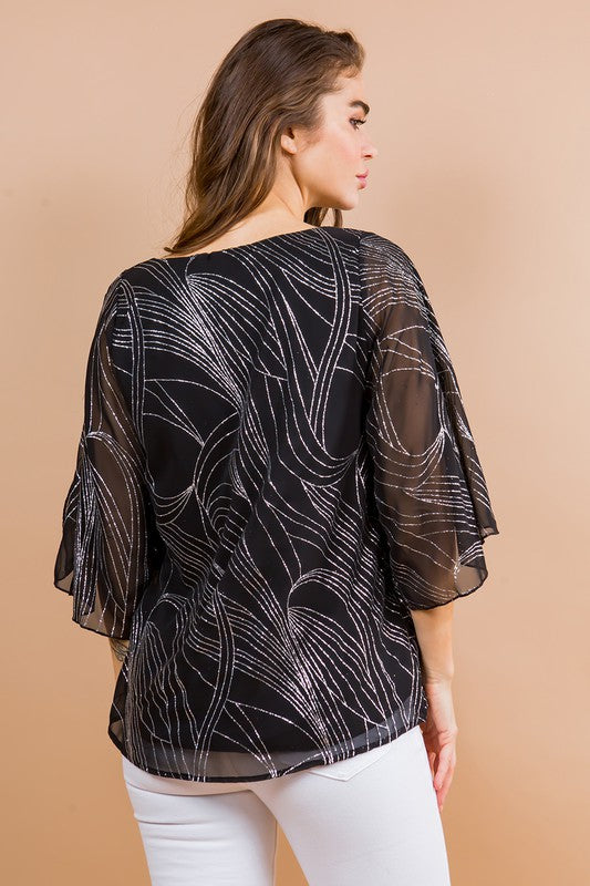 Glitter Printed Woven Blouse with Tulip Sleeves