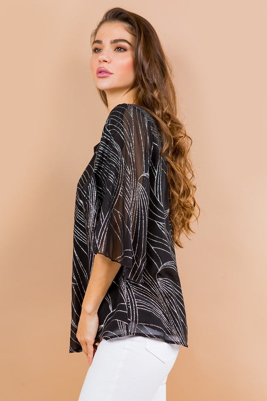 Glitter Printed Woven Blouse with Tulip Sleeves