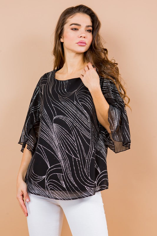 Glitter Printed Woven Blouse with Tulip Sleeves