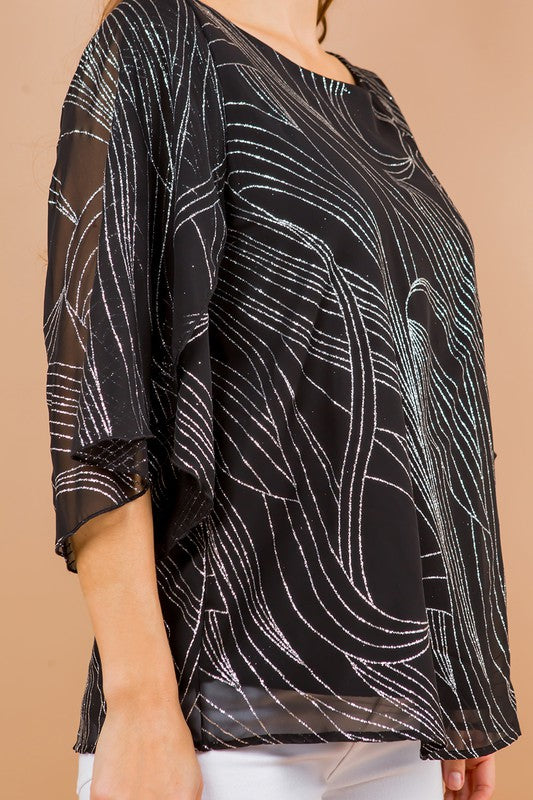 Glitter Printed Woven Blouse with Tulip Sleeves