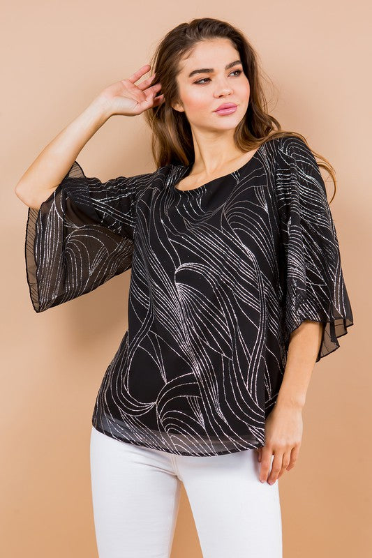 Glitter Printed Woven Blouse with Tulip Sleeves