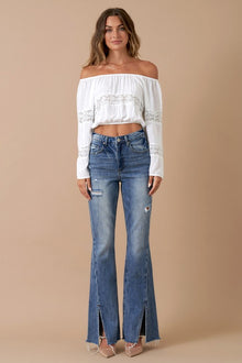  High Rise Slit Flare Denim