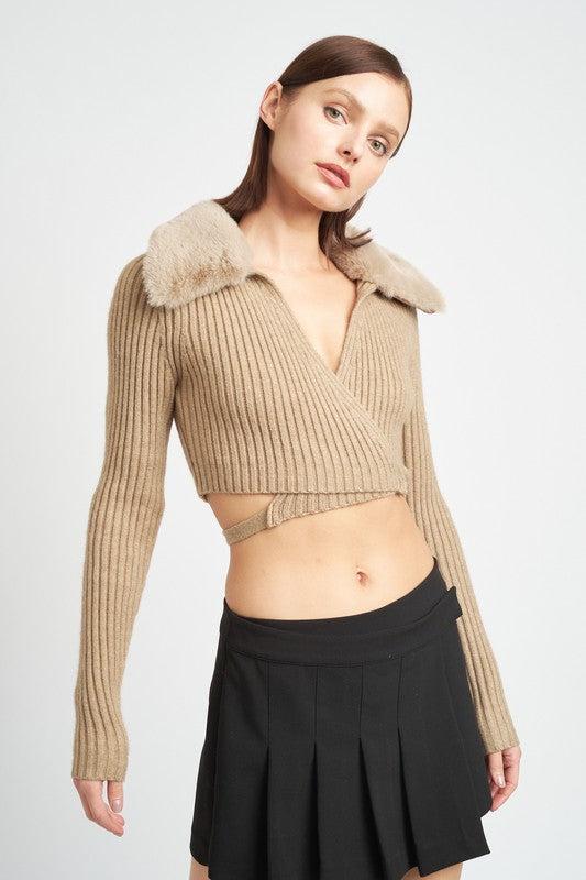 V-NECK CARDIGAN WITH FUR COLLAR