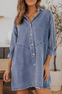  Sky Blue Buttoned Long Sleeve Denim Mini Dress