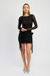 RUCHED MESH DRESS WITH ROSETTE DETAIL