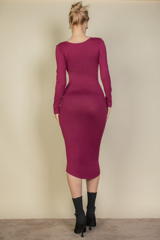 Split Neck Long Sleeve Midi Dress