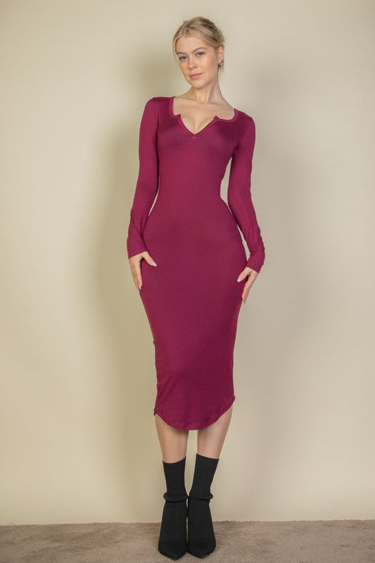 Split Neck Long Sleeve Midi Dress