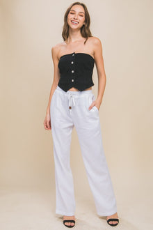  Linen Drawstring Waist Long Pants with Pockets