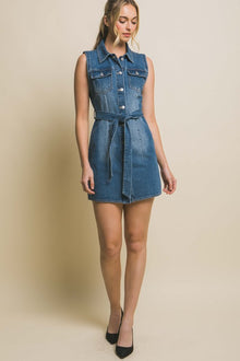  Denim Strapless Dress with Waist Tie