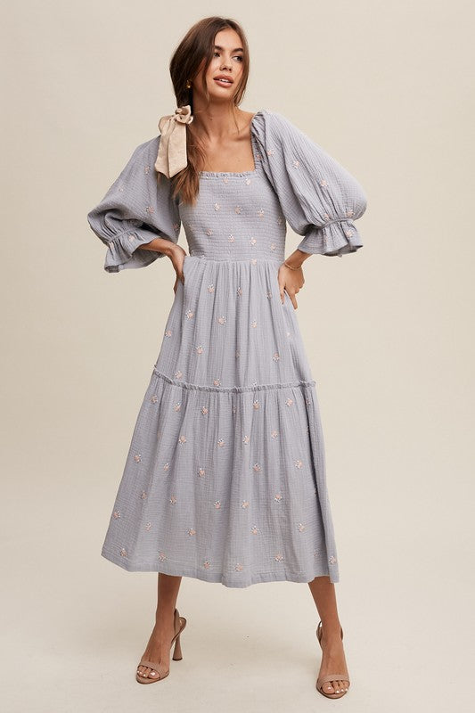 Ditzy Floral Embroidery Puff Sleeve Maxi Dress