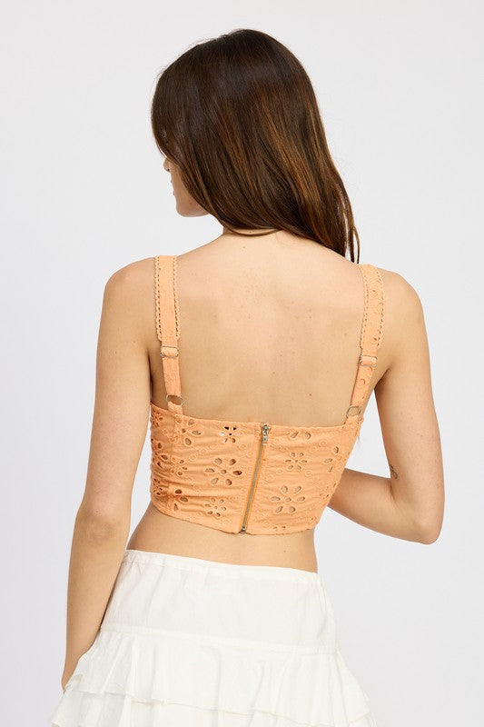 EYELET CORSET TOP WTIH FRONT DRAWSTRINGS