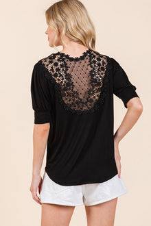  Crochet Lace Back Puff Sleeve Top