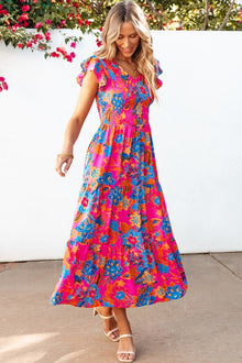  Women Boho Floral V Neck Ruffle Tiered Long Dress