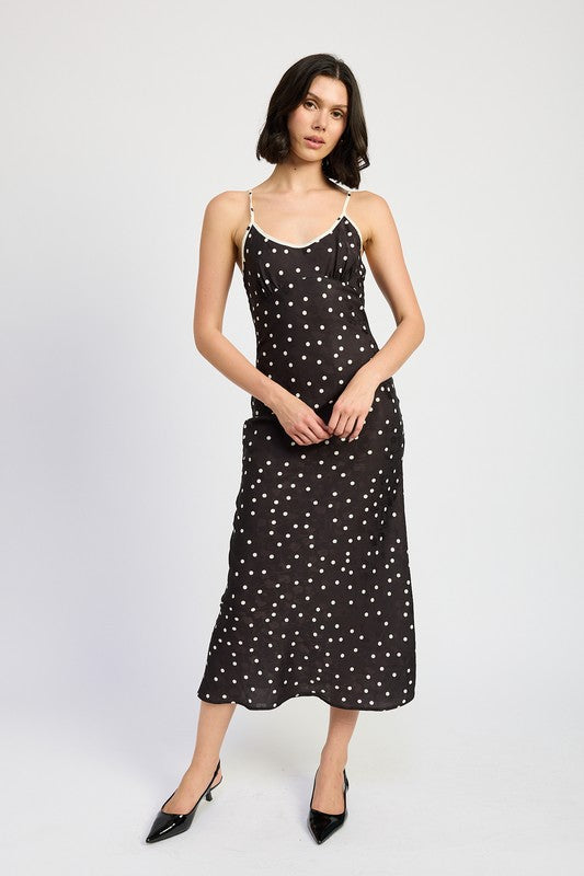 SPAGHETTI STRAP POLKADOT MIDI DRESS