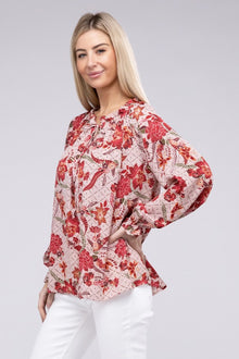  Floral Print Tie Neck Blouse