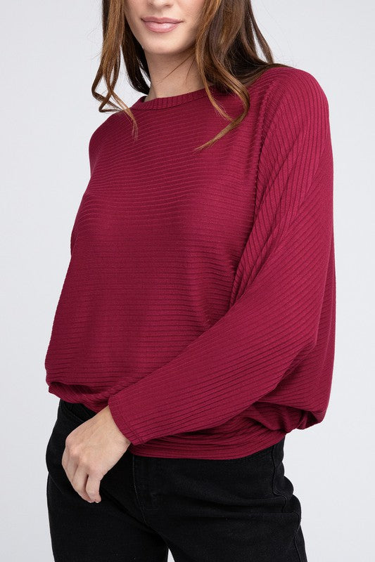 Ribbed Batwing Long Sleeve Boat Neck Sweater