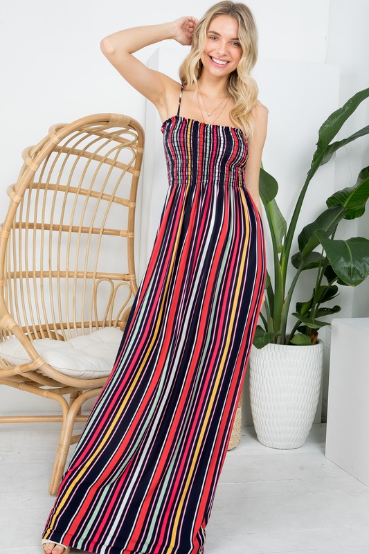 STRIPE SMOCKED MAXI DRESS