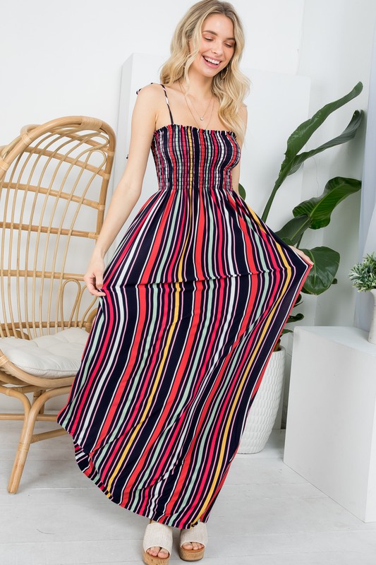 STRIPE SMOCKED MAXI DRESS