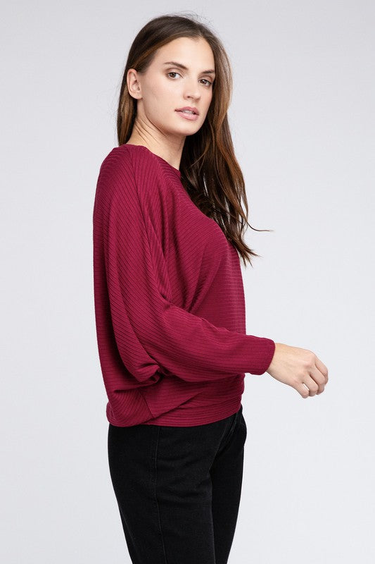 Ribbed Batwing Long Sleeve Boat Neck Sweater