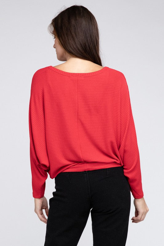 Ribbed Batwing Long Sleeve Boat Neck Sweater