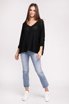 3/4 Sleeve V-Neck Hi-Low Hem Jacquard Sweater