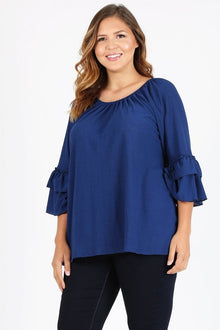  Knit 3/4 Sleeve Double Layer Ruffle Sleeve Top