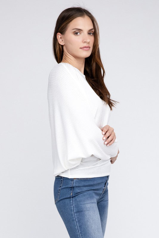 Ribbed Batwing Long Sleeve Boat Neck Sweater