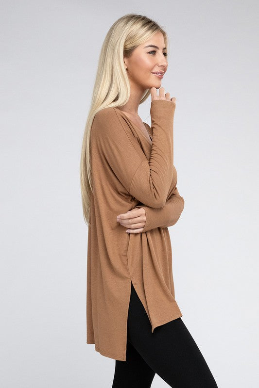 Dolman Long Sleeve V-Neck Side Slit Hi-Low Hem Top