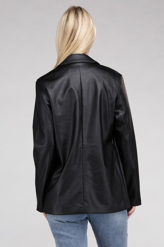 Sleek PU Leather Blazer with Front Closure