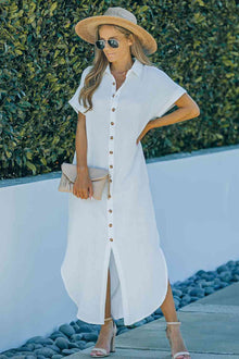  Textured Button Down Slit Shirt Dress